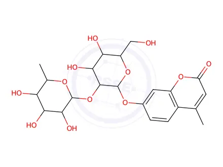 Chemical structure of 4-Methylumbelliferyl 2-O-(α-L-Fucopyranosyl)-β-D-galactopyranoside
