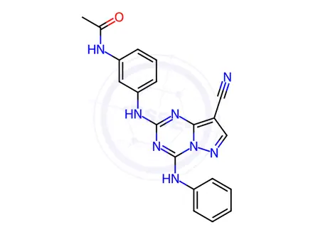 Chemical structure of N-(3-((8-Cyano-4-(phenylamino)pyrazolo[1,5-a][1,3,5]triazin-2-yl)amino)phenyl)acetamide