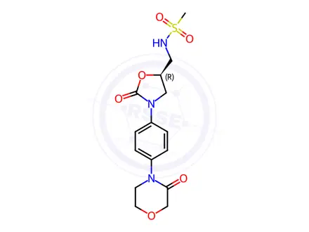 Chemical structure of (R)-N-((2-oxo-3-(4-(3-oxomorpholino)phenyl)oxazolidin-5-yl)methyl)methanesulfonamide