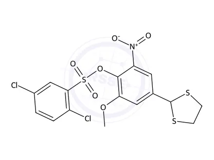 Chemical structure of 4-(1,3-Dithiolan-2-yl)-2-methoxy-6-nitrophenyl 2,5-dichlorobenzenesulfonate