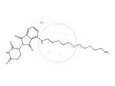 Chemical structure of Pomalidomide 4′-PEG<sub>3</sub>-amine hydrochloride