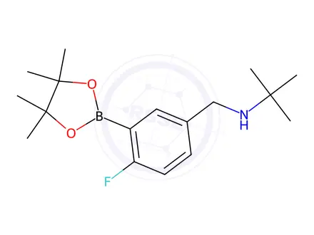 Chemical structure of N-(4-Fluoro-3-(4,4,5,5-tetramethyl-1,3,2-dioxaborolan-2-yl)benzyl)-2-methylpropan-2-amine
