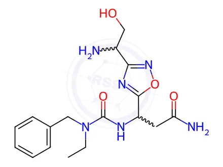 Chemical structure of (βS)-3-[(1S)-1-Amino-2-hydroxyethyl]-β-[[[ethyl(phenylmethyl)amino]carbonyl]amino]-1,2,4-oxadiazole-5-propanamide
