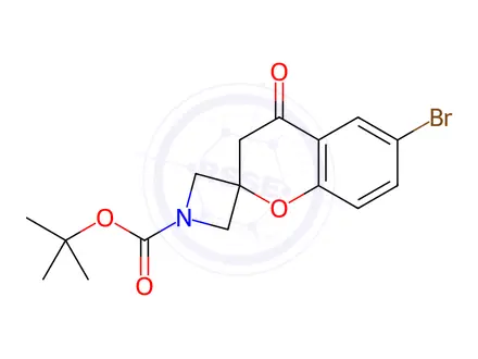 Chemical structure of Spiro[azetidine-3,2'-[2H-1]benzopyran]-1-carboxylic acid, 6'-bromo-3',4'-dihydro-4'-oxo-, 1,1-dimethylethyl ester