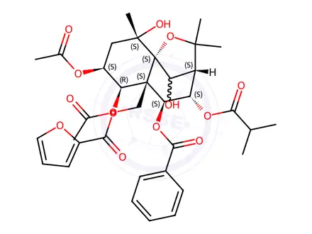 Chemical structure of 2-Furancarboxylic acid, [(3S,4S,5S,5aS,6R,7S,9S,9aS,10R)-6,7-bis(acetyloxy)-5-(benzoyloxy)octahydro-9,10-dihydroxy-2,2,9-trimethyl-4-(2-methyl-1-oxopropoxy)-5aH-3,9a-methano-1-benzoxepin-5a-yl]methyl ester