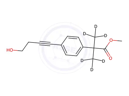 Chemical structure of 4-(4-Hydroxy-1-butynl)-a,a-di-(methyl-D3)-benzeneacetic Acid Methyl Ester