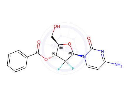 Chemical structure of (2R,3R,5R)-5-(4-Amino-2-oxopyrimidin-1(2H)-yl)-4,4-difluoro-2-(hydroxymethyl)tetrahydrofuran-3-yl benzoate