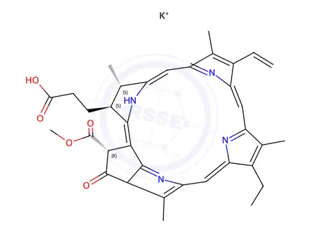 Chemical structure of potassium [3S(3alpha,4beta,21beta)]-14-ethyl-21-(methoxycarbonyl)-4,8,13,18-tetramethyl-20-oxo-9-vinylphorbine-3-propionate