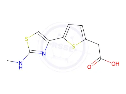 Chemical structure of 2-{5-[2-(methylamino)-1,3-thiazol-4-yl]thiophen-2-yl}acetic acid