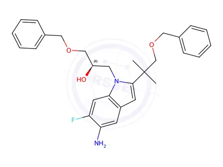 Chemical structure of (R)-1-[5-Amino-2-(2-benzyloxy-1,1-dimethyl-ethyl)-6-fluoro-indol-1-yl]-3-benzyloxy-propan-2-ol