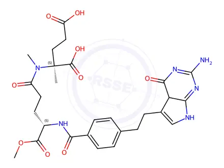 Chemical structure of (2S)-2-((4S)-4-(4-(2-(2-amino-4-oxo-4a,7-dihydro-4H-pyrrolo[2,3-d]pyrimidin-5-yl)ethyl)benzamido)-5-methoxy-N-methyl-5-oxopentanamido)-2-methylpentanedioic acid compound with 4-methylbenzenesulfonic acid