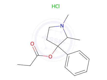 Chemical structure of 1,2-dimethyl-3-phenylpyrrolidin-3-yl propionate hydrochloride