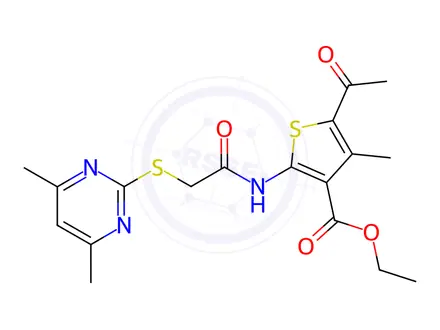 Chemical structure of Ethyl 5-acetyl-2-(2-((4,6-dimethylpyrimidin-2-yl)thio)acetamido)-4-methylthiophene-3-carboxylate