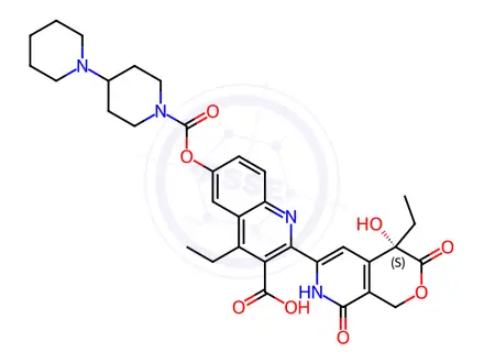 Chemical structure of (S)-6-(([1,4'-Bipiperidine]-1'-carbonyl)oxy)-4-ethyl-2-(4-ethyl-4-hydroxy-3,8-dioxo-3,4,7,8-tetrahydro-1H-pyrano[3,4-c]pyridin-6-yl)quinoline-3-carboxylic Acid