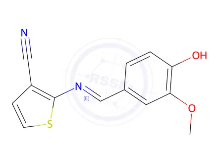 Chemical structure of (E)-2-((4-hydroxy-3-methoxybenzylidene)amino)thiophene-3-carbonitrile