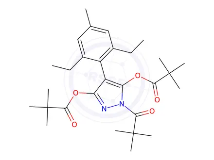 Chemical structure of 4-(2,6-diethyl-4-methylphenyl)-1-pivaloyl-1H-pyrazole-3,5-diyl bis(2,2-dimethylpropanoate)