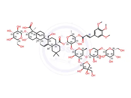 Chemical structure of Olean-12-ene-23,28-dioic acid, 3-(β-D-glucopyranosyloxy)-2,27-dihydroxy-, 28-[O-β-D-galactopyranosyl-(1→4)-O-β-D-xylopyranosyl-(1→4)-O-[D-apio-β-D-furanosyl-(1→3)]-O-6-deoxy-α-L-mannopyranosyl-(1→2)-6-deoxy-4-O-[(2E)-1-oxo-3-(3,4,5-trimethoxyphenyl)-2-propen-1-yl]-β-D-galactopyranosyl] ester, (2β,3β...