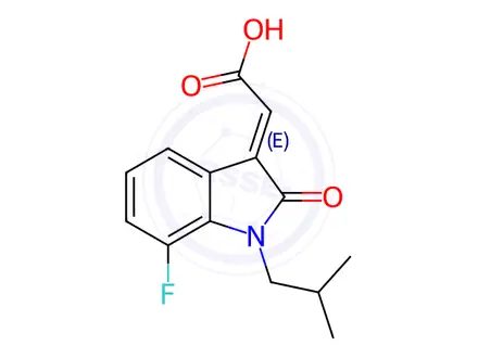 Chemical structure of (2E)-2-[7-fluoro-1-(2-methylpropyl)-2-oxoindol-3-ylidene]acetic acid