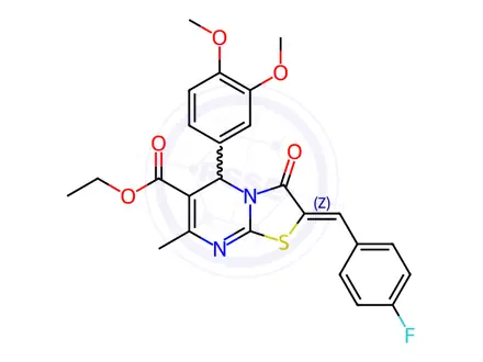 Chemical structure of ethyl 5-(3,4-dimethoxyphenyl)-2-(4-fluorobenzylidene)-7-methyl-3-oxo-2,3-dihydro-5H-[1,3]thiazolo[3,2-a]pyrimidine-6-carboxylate