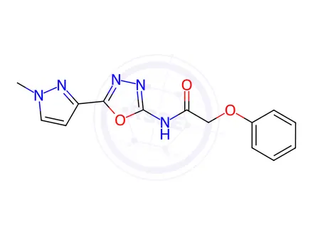 Chemical structure of N-(5-(1-Methyl-1H-pyrazol-3-yl)-1,3,4-oxadiazol-2-yl)-2-phenoxyacetamide