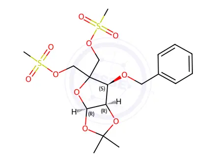 Chemical structure of 3-O-Benzyl 4-C-(Methanesulfonyloxymethyl)-5-O-methanesulfonyl-1,2-O-isopropylidene-α-D-ribofuranose