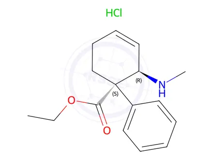 Chemical structure of (+)-3R-N-Monomethylamino-4c-phenyl-4t-ethoxycarbonylcyclohexene-1, hyd rochloride