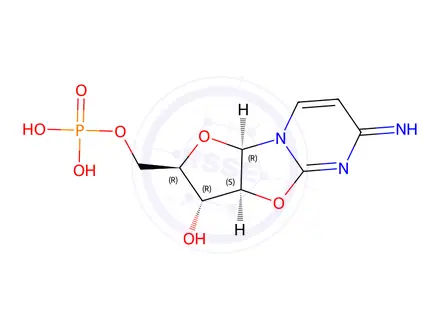 Chemical structure of ((2R,3R,3aS,9aR)-3-hydroxy-6-imino-2,3,3a,9a-tetrahydro-6H-furo[2',3':4,5]oxazolo[3,2-a]pyrimidin-2-yl)methyl dihydrogen phosphate