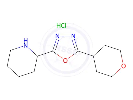 Chemical structure of 2-[5-(oxan-4-yl)-1,3,4-oxadiazol-2-yl]piperidine hydrochloride