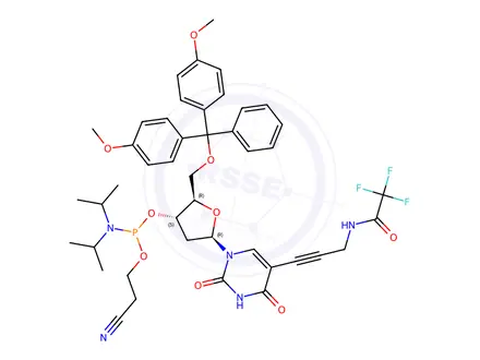 Chemical structure of (2R,3S,5R)-2-((Bis(4-methoxyphenyl)(phenyl)methoxy)methyl)-5-(2,4-dioxo-5-(3-(2,2,2-trifluoroacetamido)prop-1-yn-1-yl)-3,4-dihydropyrimidin-1(2H)-yl)tetrahydrofuran-3-yl (2-cyanoethyl) diisopropylphosphoramidite