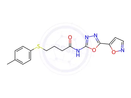 Chemical structure of N-(5-(Isoxazol-5-yl)-1,3,4-oxadiazol-2-yl)-4-(p-tolylthio)butanamide