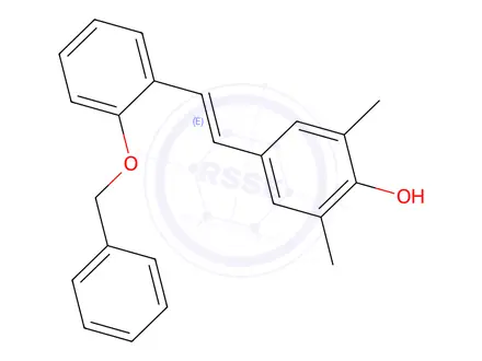 Chemical structure of 2,6-dimethyl-4-[(E)-2-(2-phenylmethoxyphenyl)ethenyl]phenol