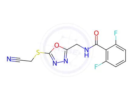 Chemical structure of N-((5-((Cyanomethyl)thio)-1,3,4-oxadiazol-2-yl)methyl)-2,6-difluorobenzamide