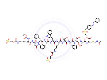 Chemical structure of Somatostatin (sheep reduced), 1-de-l-alanine-2-deglycine-3-de-l-cysteine-4-[N2-[(1,1-dimethylethoxy)carbonyl]-N6-[[2-(methylsulfonyl)ethoxy]carbonyl]-l-lysine]-9-[N6-[[2-(methylsulfonyl)ethoxy]carbonyl]-l-lysine]-14-[S-[(acetylamino)methyl]