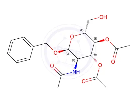Chemical structure of (2R,3S,4R,5R,6S)-5-acetamido-6-(benzyloxy)-2-(hydroxymethyl)tetrahydro-2H-pyran-3,4-diyl diacetate