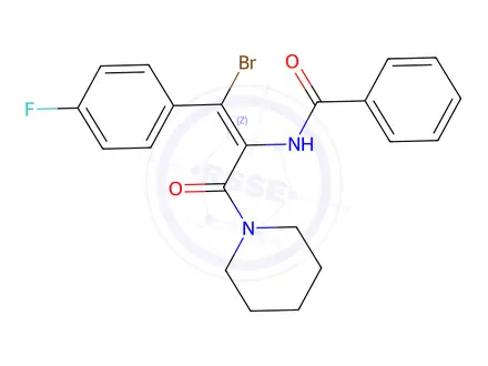Chemical structure of (Z)-N-(1-Bromo-1-(4-fluorophenyl)-3-oxo-3-(piperidin-1-yl)prop-1-en-2-yl)benzamide
