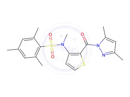Chemical structure of N-(2-(3,5-dimethyl-1H-pyrazole-1-carbonyl)thiophen-3-yl)-N,2,4,6-tetramethylbenzenesulfonamide