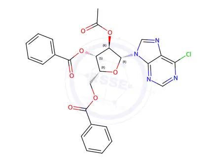 Chemical structure of 6-chloro-purine-9--D-(2-O-acetyl-3,5-di-O-benzoyl)xylo-furanoside