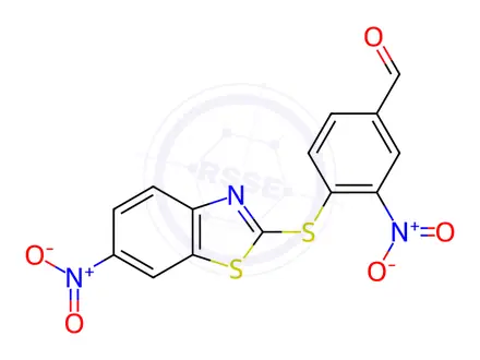 Chemical structure of 3-nitro-4-[(6-nitro-1,3-benzothiazol-2-yl)thio]benzaldehyde