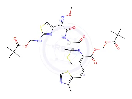 Chemical structure of (6R,7R)-(pivaloyloxy)methyl 7-((Z)-2-(methoxyimino)-2-(2-(((pivaloyloxy)methyl)amino)thiazol-4-yl)acetamido)-3-((Z)-2-(4-methylthiazol-5-yl)vinyl)-8-oxo-5-thia-1-azabicyclo[4.2.0]oct-2-ene-2-carboxylate
