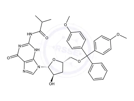 Chemical structure of N-(9-((2R,3R,5S)-5-((Bis(4-methoxyphenyl)(phenyl)methoxy)methyl)-3-hydroxytetrahydrofuran-2-yl)-6-oxo-6,9-dihydro-3H-purin-2-yl)isobutyramide