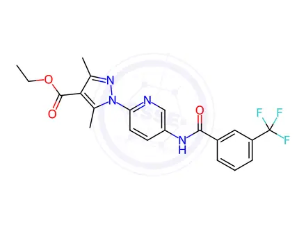 Chemical structure of Ethyl 3,5-dimethyl-1-(5-(3-(trifluoromethyl)benzamido)pyridin-2-yl)-1H-pyrazole-4-carboxylate