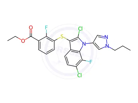Chemical structure of Benzoic acid, 3-[[2,6-dichloro-7-fluoro-1-(1-propyl-1H-pyrazol-4-yl)-1H-indol-3-yl]thio]-2-fluoro-, ethyl ester