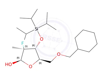 Chemical structure of (2R,3S,4R,5R)-5-(benzyloxymethyl)-3-fluoro-3-methyl-4-triisopropylsilyloxy-tetrahydrofuran-2-ol