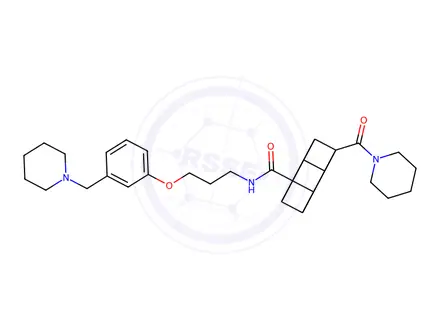 Chemical structure of N-(3-(3-piperidinomethylphenoxy)propyl)-4-piperidinocarbonylpentacyclo(4.2.0.0(2,5).0(3,8).0(4,7))octane carboxamide