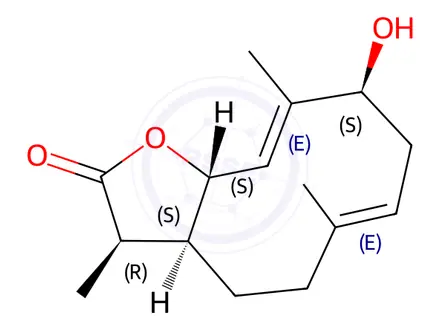 Chemical structure of (3R,3aS,6E,9S,10E,11aS)-2,3,3a,4,5,8,9,11a-Octahydro-9-hydroxy-3,6,10-trimethylcyclodeca[b]furan-2-one