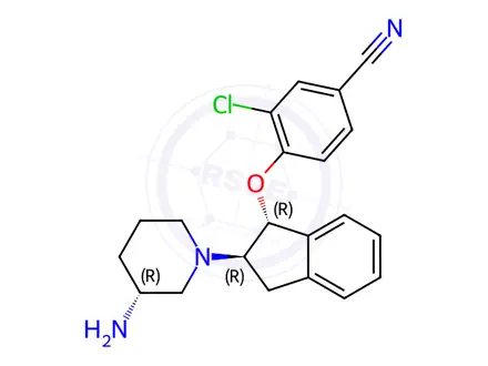 Chemical structure of Benzonitrile, 4-[[(1R,2R)-2-[(3R)-3-aMino-1-piperidinyl]-2,3-dihydro-1H-inden-1-yl]oxy]-3-chloro-