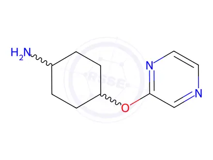 Chemical structure of 4-(pyrazin-2-yloxy)cyclohexan-1-amine dihydrochloride, trans