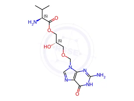 Chemical structure of (S)-3-((2-amino-6-oxo-3,6-dihydro-9H-purin-9-yl)methoxy)-2-hydroxypropyl L-valinate