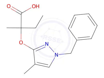 Chemical structure of 2-((1-Benzyl-4-methyl-1H-pyrazol-3-yl)oxy)-2-methylbutanoic acid