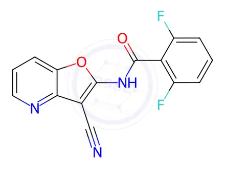 Chemical structure of N-{3-cyanofuro[3,2-b]pyridin-2-yl}-2,6-difluorobenzamide